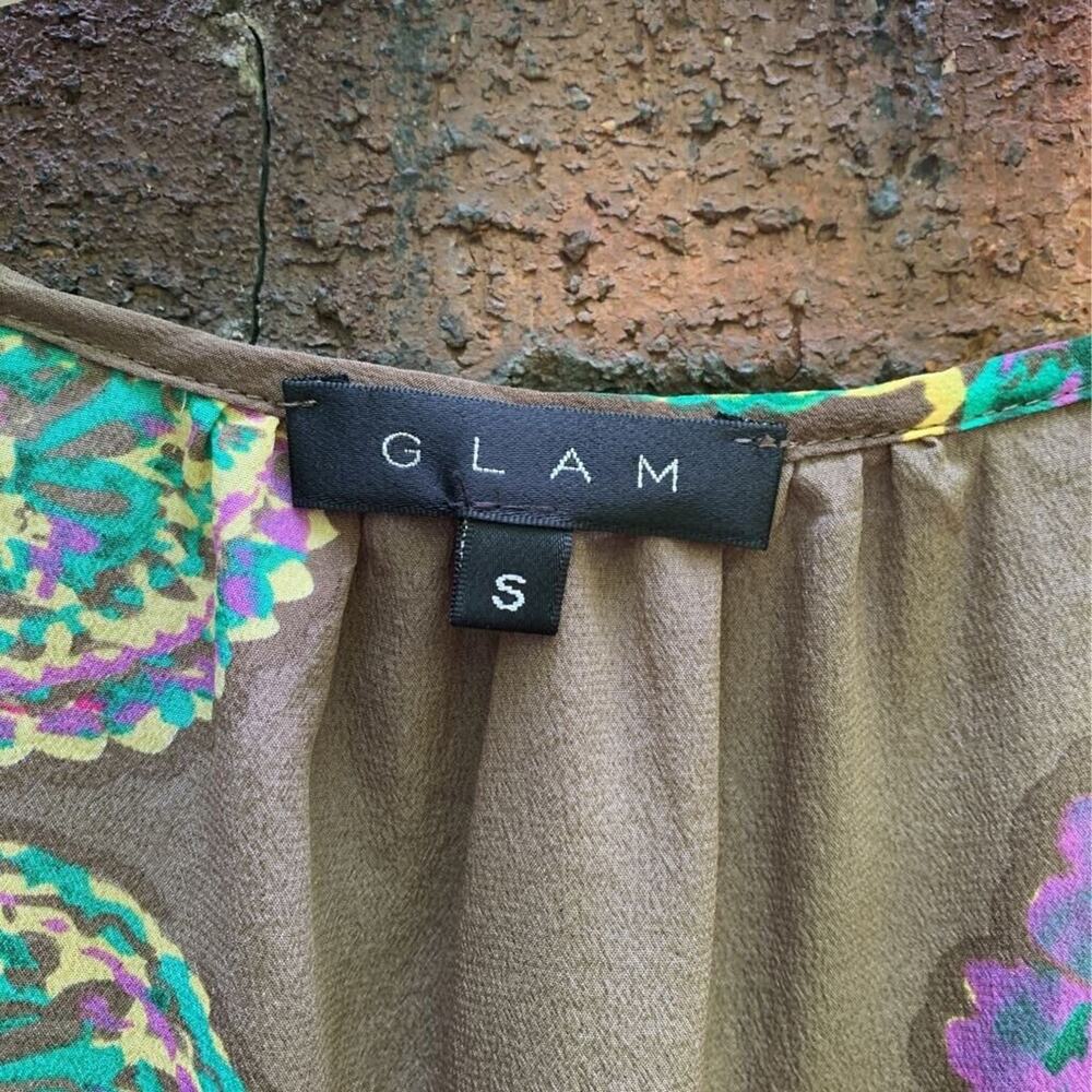 Glam Womens Blouse Brown Purple Paisley 3/4 Sleeve Notch Neck High Low Silk S - Picture 3 of 6